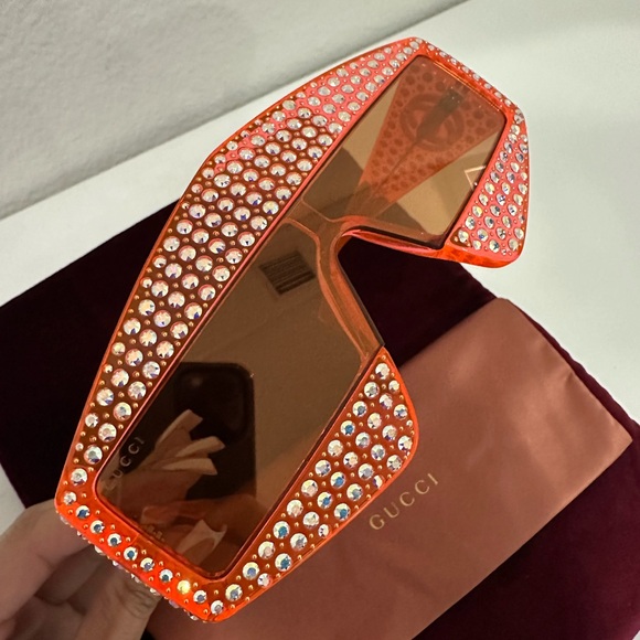 GUCCI Shield Orange Crystal HollywoodForever Sunglasses GG...